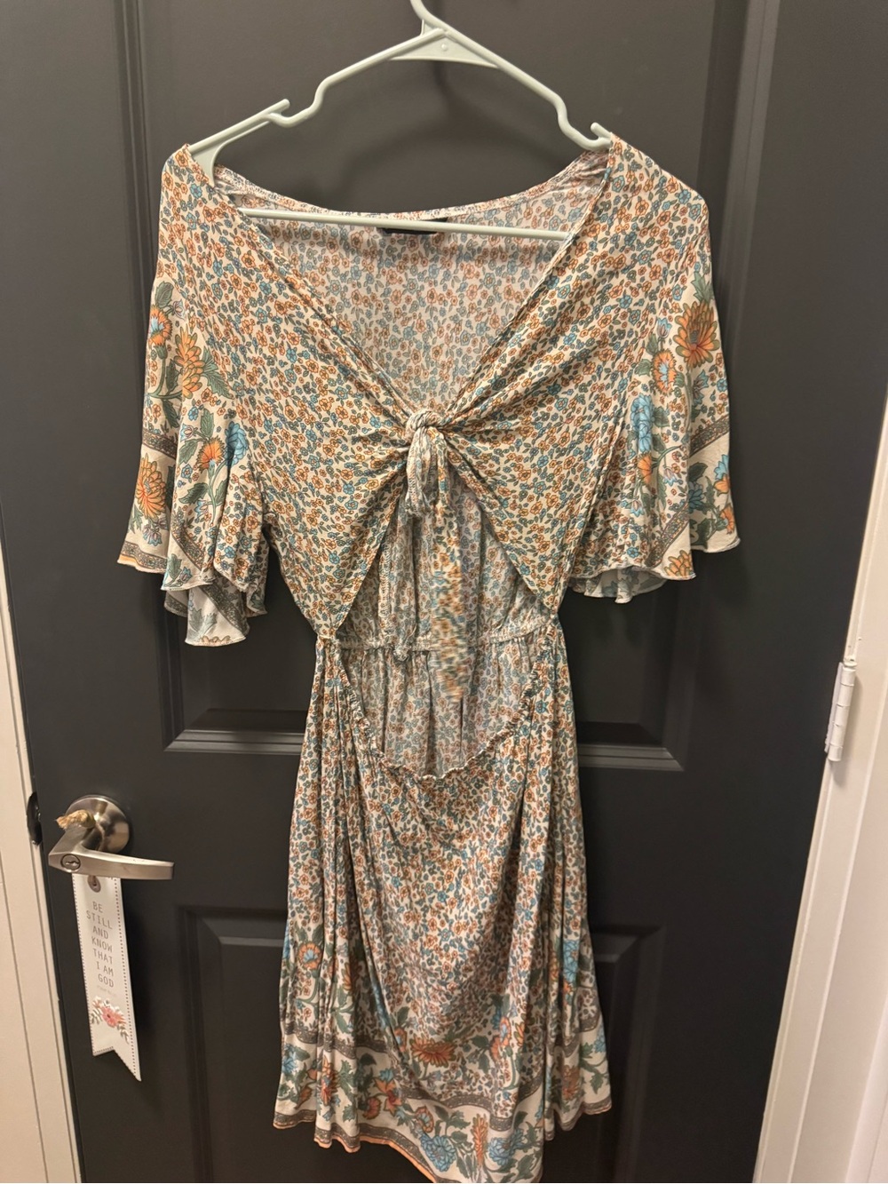 Boho Floral Tie-Front Midi Dress in Teal and Peach